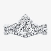 Signature By Modern Bride 1 1/5 CT. T.W. Lab-Grown (H-I / SI1-SI2) Diamond Pear Side Stone Halo Bridal Set 10K or 14K Gold