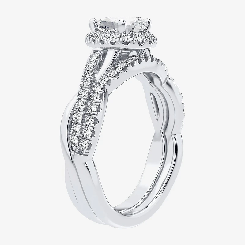 Signature By Modern Bride 1 1/5 CT. T.W. Lab-Grown (H-I / SI1-SI2) Diamond Pear Side Stone Halo Bridal Set 10K or 14K Gold