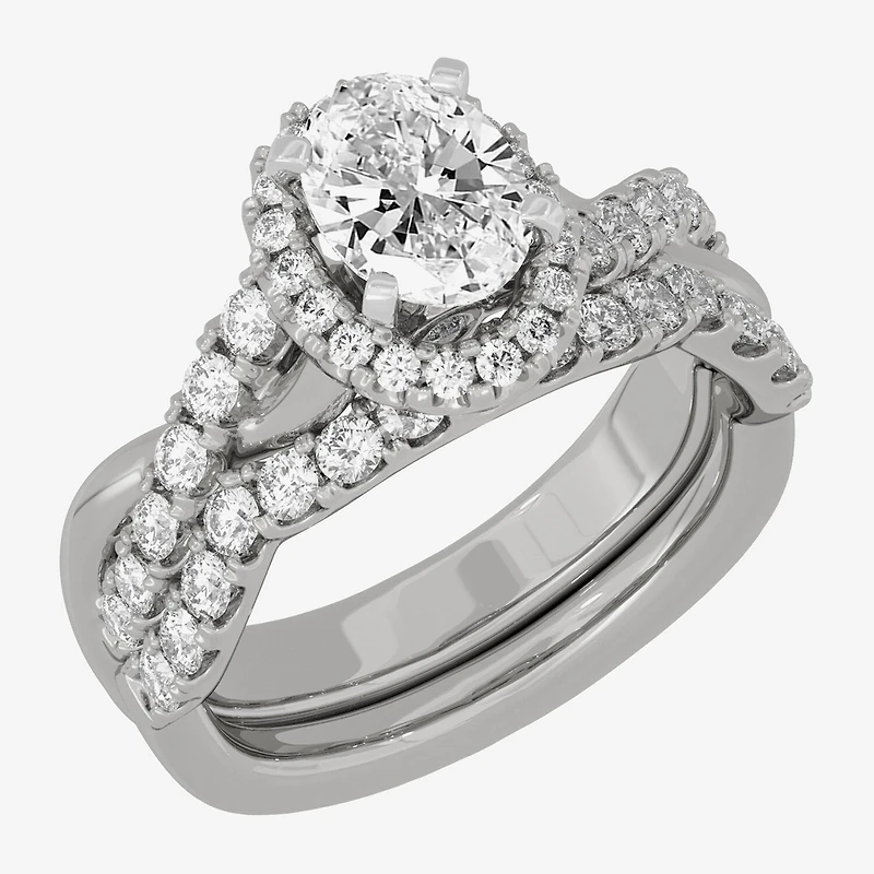 Signature By Modern Bride (H-I / Si1-Si2) Womens /2 CT. T.W. Lab Grown White Diamond 10K Gold Oval Side Stone Halo Bridal Set