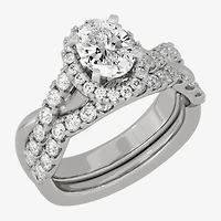 Signature By Modern Bride (H-I / Si1-Si2) Womens /2 CT. T.W. Lab Grown White Diamond 10K Gold Oval Side Stone Halo Bridal Set