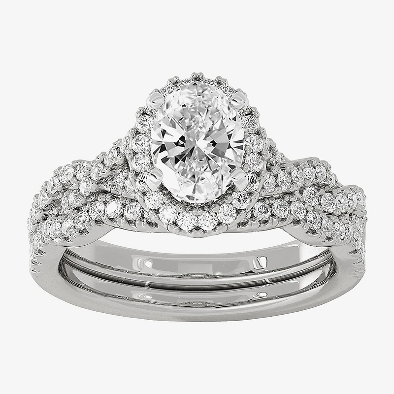 Signature By Modern Bride (H-I / Si1-Si2) Womens 1 1/2 CT. T.W. Lab Grown White Diamond 10K Gold Oval Side Stone Halo Bridal Set