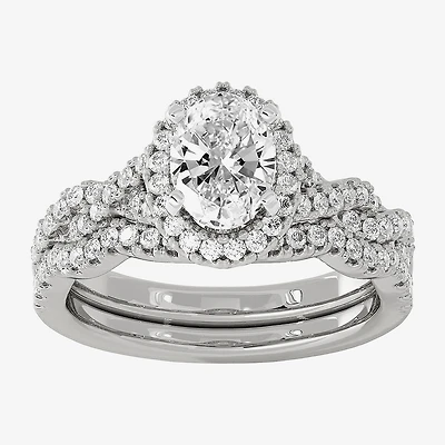Signature By Modern Bride (H-I / Si1-Si2) Womens 1 1/2 CT. T.W. Lab Grown White Diamond 10K Gold Oval Side Stone Halo Bridal Set