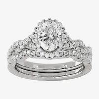 Signature By Modern Bride (H-I / Si1-Si2) Womens 1 1/2 CT. T.W. Lab Grown White Diamond 10K Gold Oval Side Stone Halo Bridal Set
