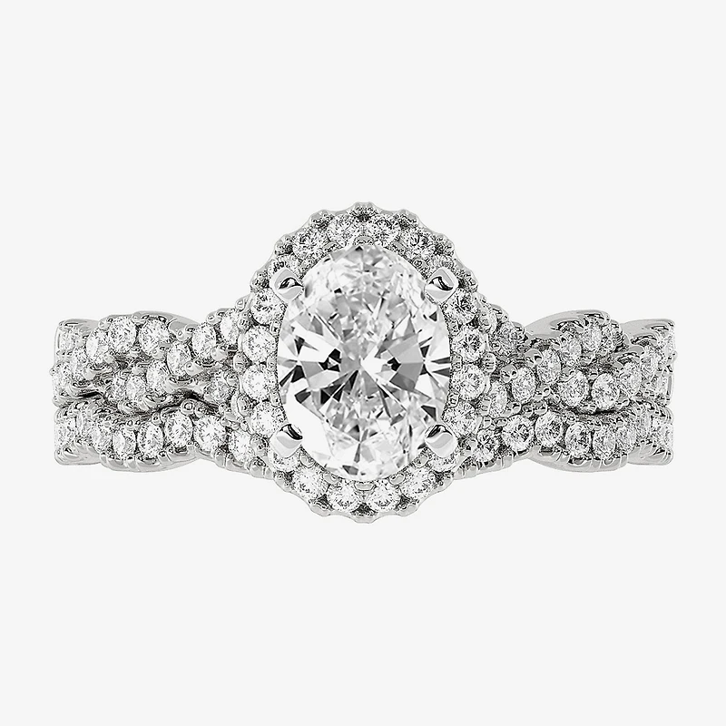 Signature By Modern Bride (H-I / Si1-Si2) Womens 1 1/2 CT. T.W. Lab Grown White Diamond 10K Gold Oval Side Stone Halo Bridal Set