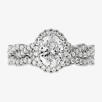 Signature By Modern Bride (H-I / Si1-Si2) Womens 1 1/2 CT. T.W. Lab Grown White Diamond 10K Gold Oval Side Stone Halo Bridal Set