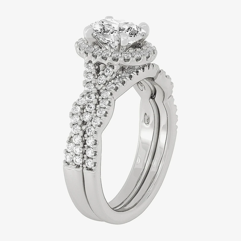 Signature By Modern Bride (H-I / Si1-Si2) Womens 1 1/2 CT. T.W. Lab Grown White Diamond 10K Gold Oval Side Stone Halo Bridal Set
