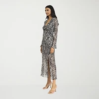 Donna Morgan Womens Midi V Neck Long Sleeve Abstract Sheath Dress