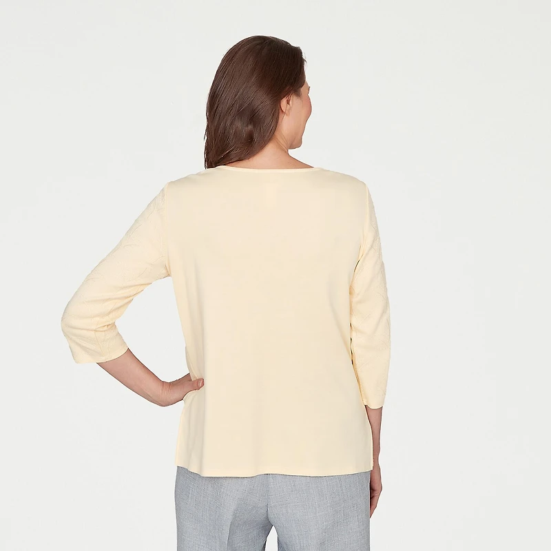 Alfred Dunner Al Fresco Womens Split Crew Neck 3/4 Sleeve Embroidered Layered Top