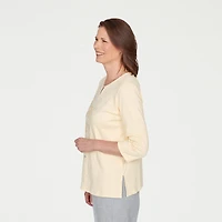 Alfred Dunner Al Fresco Womens Split Crew Neck 3/4 Sleeve Embroidered Layered Top