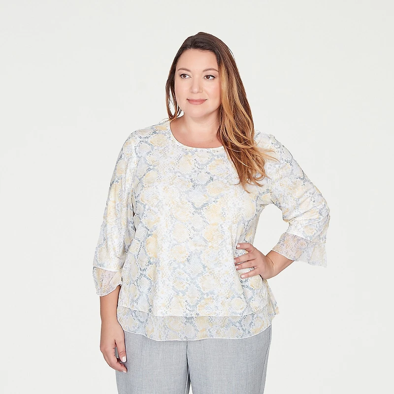 Alfred Dunner Al Fresco Womens Plus Crew Neck 3/4 Sleeve Layered Top