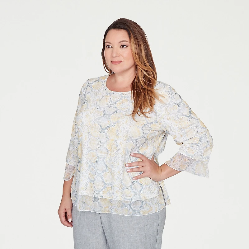 Alfred Dunner Al Fresco Womens Plus Crew Neck 3/4 Sleeve Layered Top