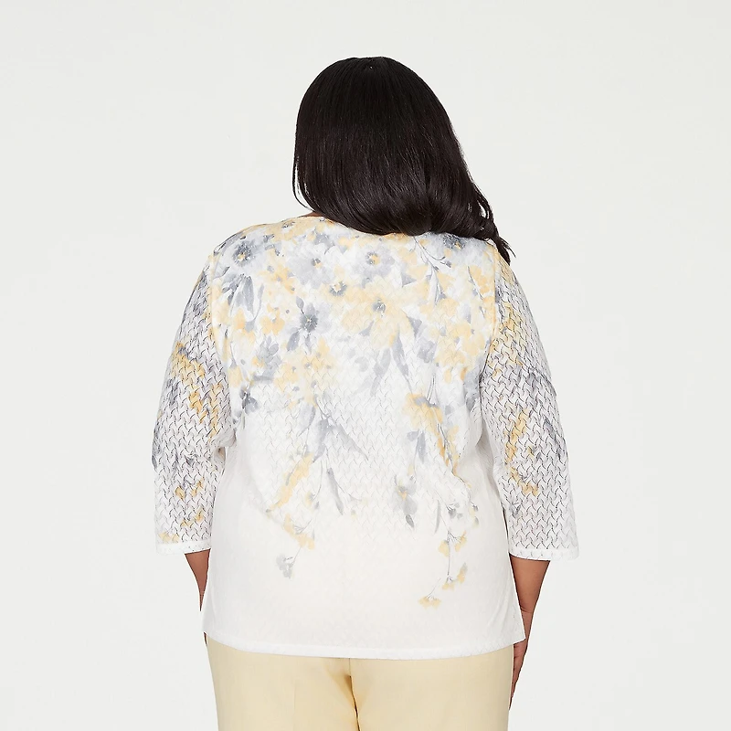 Alfred Dunner Al Fresco Womens Plus Crew Neck 3/4 Sleeve Layered Top