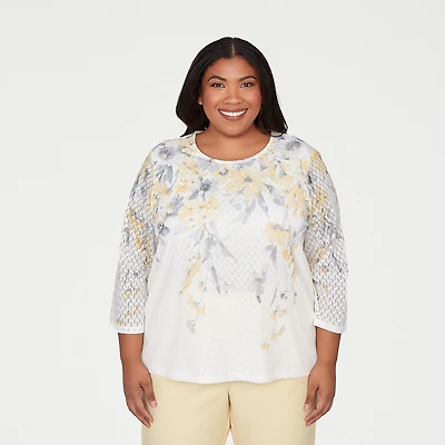 Alfred Dunner Al Fresco Womens Plus Crew Neck 3/4 Sleeve Layered Top