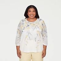 Alfred Dunner Al Fresco Womens Plus Crew Neck 3/4 Sleeve Layered Top