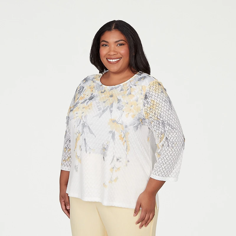 Alfred Dunner Al Fresco Womens Plus Crew Neck 3/4 Sleeve Layered Top