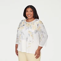 Alfred Dunner Al Fresco Womens Plus Crew Neck 3/4 Sleeve Layered Top