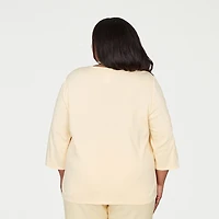 Alfred Dunner Al Fresco Womens Plus Split Crew Neck 3/4 Sleeve Layered Top