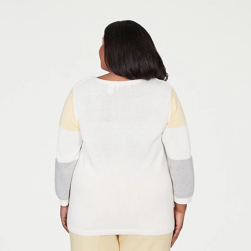 Alfred Dunner Plus Al Fresco Womens Crew Neck 3/4 Sleeve Pullover Sweater