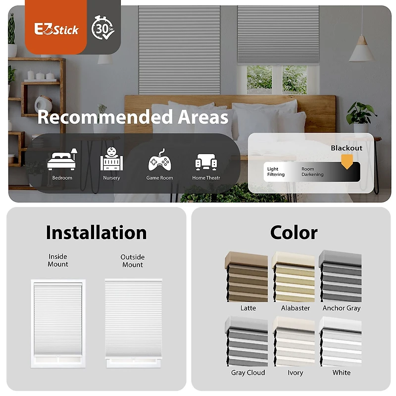 Eco Estates Ez Stick No Tool 1.5" Cut-To-Width Cordless 100% Blackout Cellular Shade