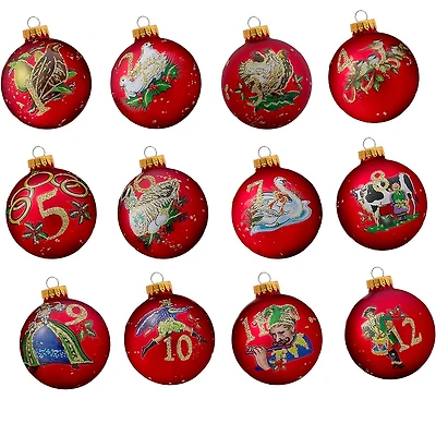 Kurt Adler 65MM Twelve Days Of Christmas Decorative Glass Ball Ornaments, 12-Piece Box Set