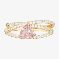 Womens Lab Created Pink Sapphire 14K Gold Over Silver Heart Crossover Side Stone Cocktail Ring