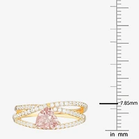 Womens Lab Created Pink Sapphire 14K Gold Over Silver Heart Crossover Side Stone Cocktail Ring