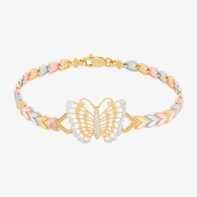Womens 14K Tri-Color Gold Solid Butterfly 7.5 Inch Link Bracelet