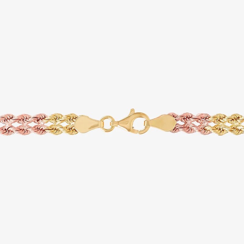 Womens 10K Tri-Color Gold 7.5 Inch Hollow Rope Butterfly Chain Bracelet