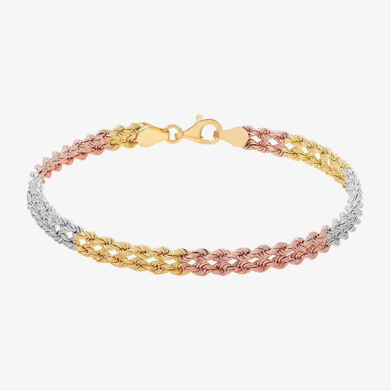 Womens 10K Tri-Color Gold 7.5 Inch Hollow Rope Butterfly Chain Bracelet