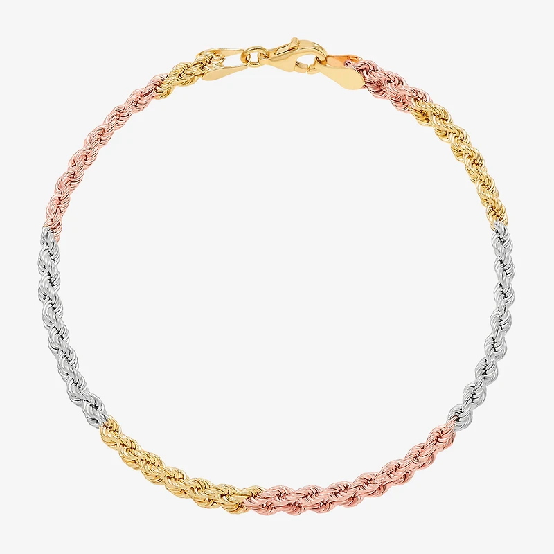 Womens 10K Tri-Color Gold 7.5 Inch Hollow Rope Butterfly Chain Bracelet