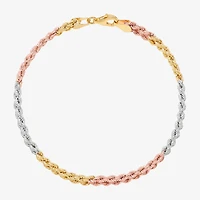 Womens 10K Tri-Color Gold 7.5 Inch Hollow Rope Butterfly Chain Bracelet