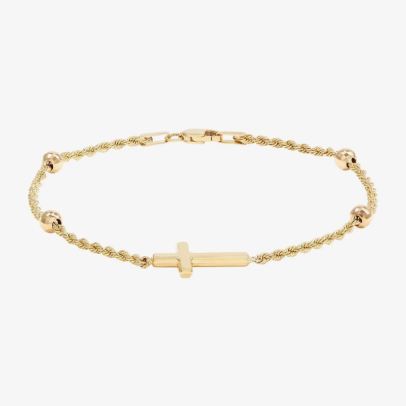 Womens 10K Gold Hollow Cross 7.5 Inch Link Bracelet