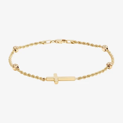 Womens 10K Gold Hollow Cross 7.5 Inch Link Bracelet