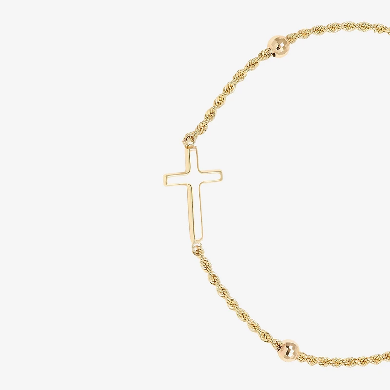 Womens 10K Gold Hollow Cross 7.5 Inch Link Bracelet