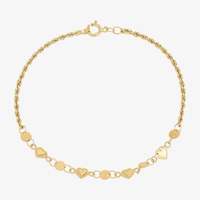 Womens 14K Gold Hollow Heart 7 Inch Link Bracelet