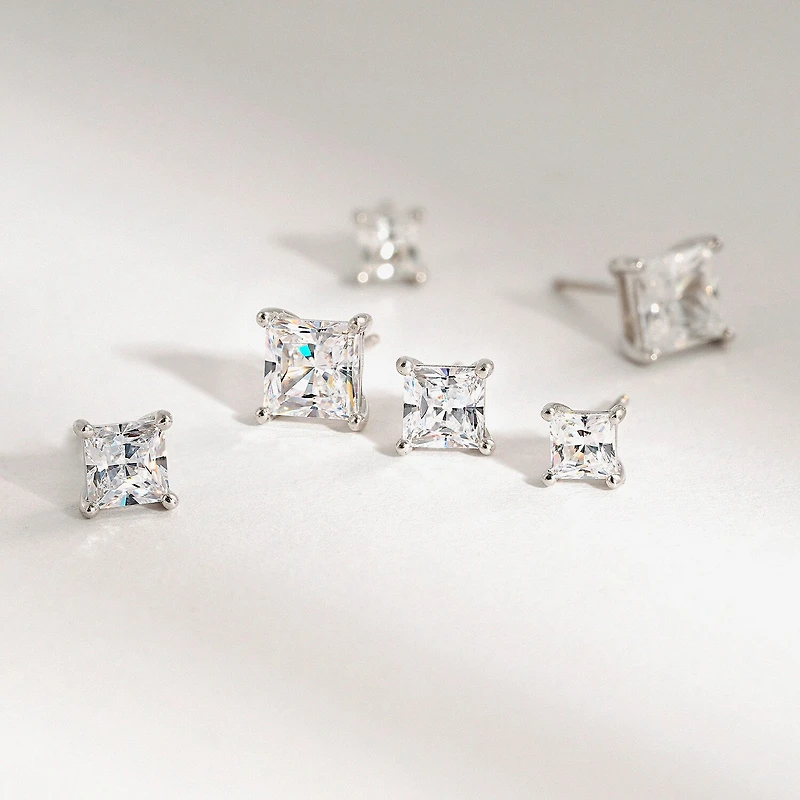 Diamonart Womens Cubic Zirconia Sterling Silver Square 3 Pair Earring Set