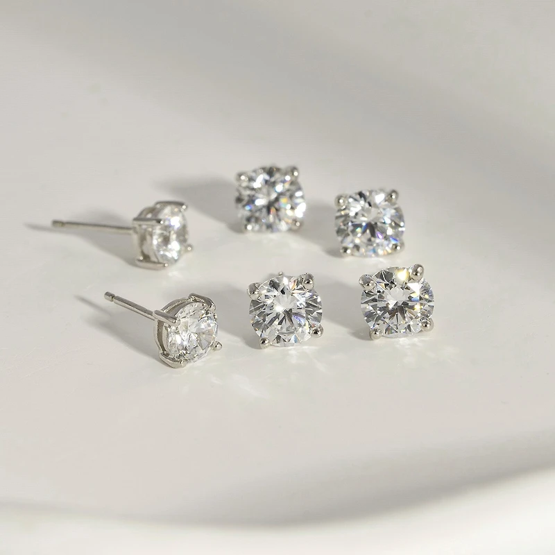 Diamonart Womens Cubic Zirconia Sterling Silver Square 3 Pair Earring Set