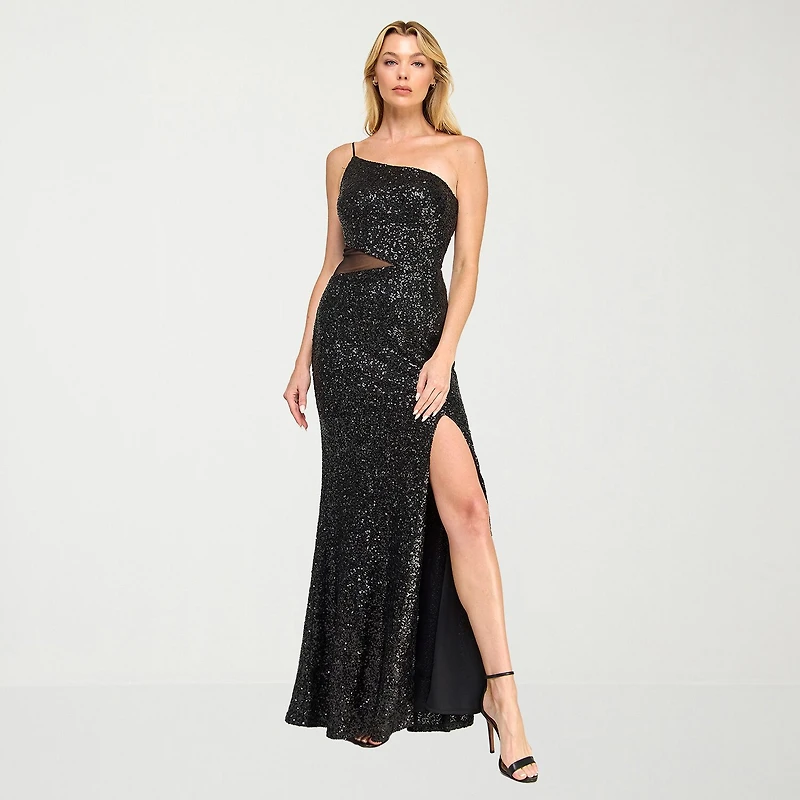 Trixxi Womens Juniors Asymmetrical Neck Sleeveless CUTOUTS Sequin Bodycon Dress
