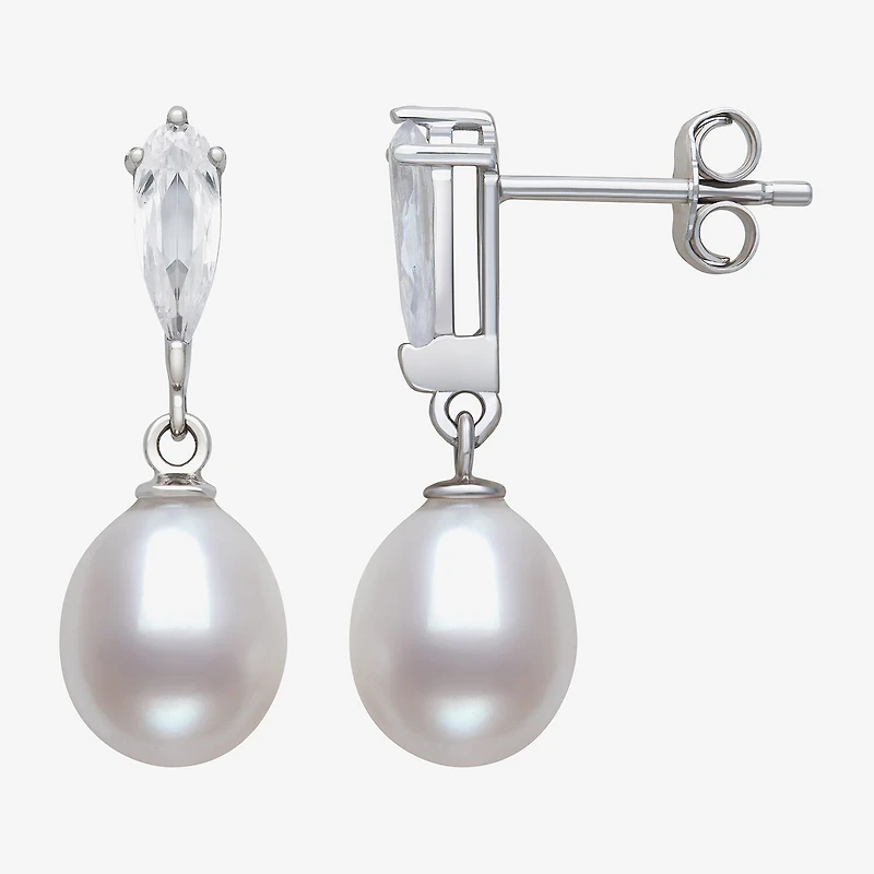 Womens Genuine White Cultured Freshwater Pearl Sterling Silver Drop Earrings