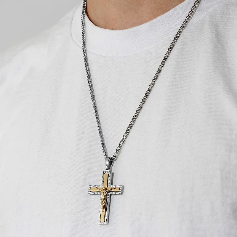 Crucifix Mens Stainless Steel Cross 24 Inch Pendant Necklace