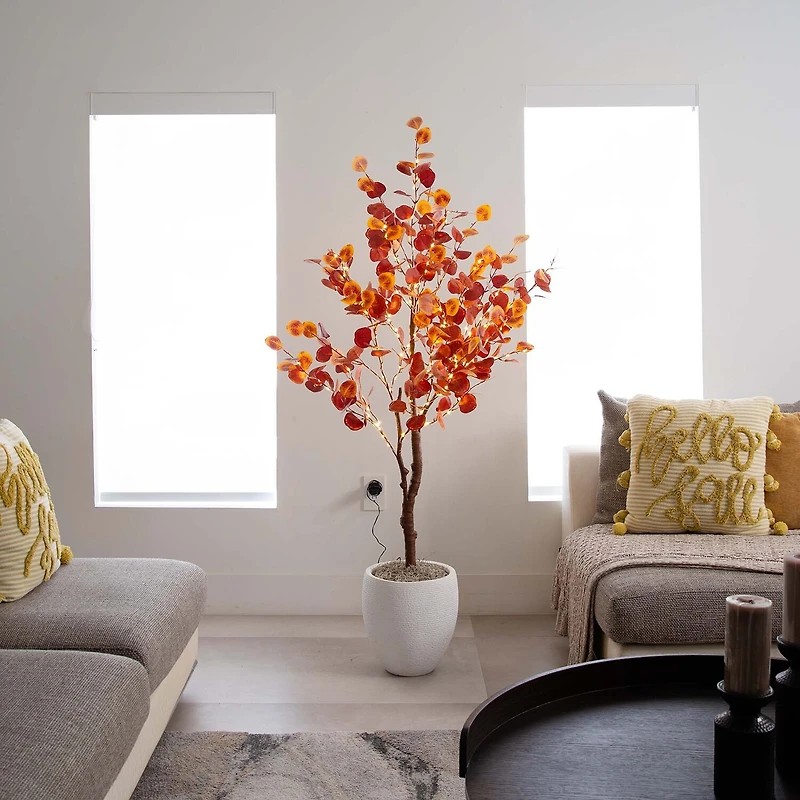 Nearly Natural 5' Orange Prelit Eucalyptus Lighted Indoor Artificial Tree