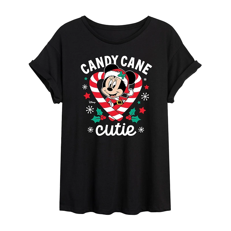 Disney Candy Cane Cutie Tee Womens Juniors Crew Neck Short Sleeve Regular Fit Minnie Mouse Graphic T-Shirt