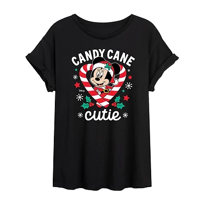 Disney Candy Cane Cutie Tee Womens Juniors Crew Neck Short Sleeve Regular Fit Minnie Mouse Graphic T-Shirt