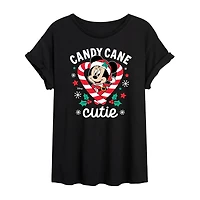 Disney Candy Cane Cutie Tee Womens Juniors Crew Neck Short Sleeve Regular Fit Minnie Mouse Graphic T-Shirt