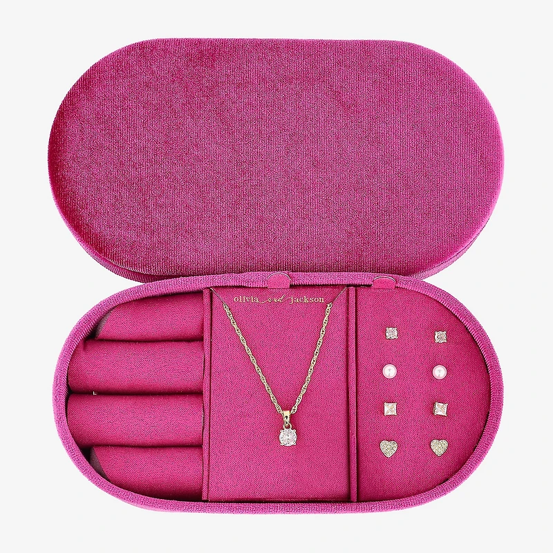 olivia and jackson Womens Cubic Zirconia Heart Round 5-pc. Jewelry Set with Travel Case