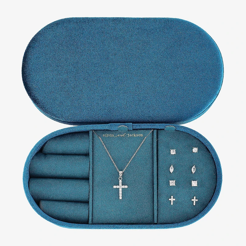 olivia and jackson Womens Cubic Zirconia Pure Silver Over Brass Cross Round Marquise 5-pc. Jewelry Set with Travel Case