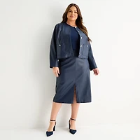 Liz Claiborne Womens Plus Faux Leather Lightweight Cropped Jacket