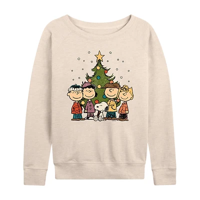 Peanuts Christmas Group Womens Boat Neck Long Sleeve Regular Fit Graphic T-Shirt