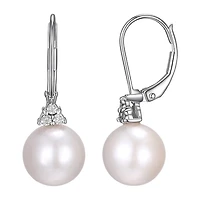 Womens Diamond Accent White Cultured Freshwater Pearl Sterling Silver Ball Drop Earrings