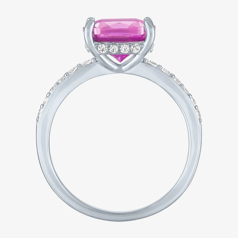 Womens Lab Created Gemstone Sterling Silver Side Stone Solitaire Cushion Cocktail Ring
